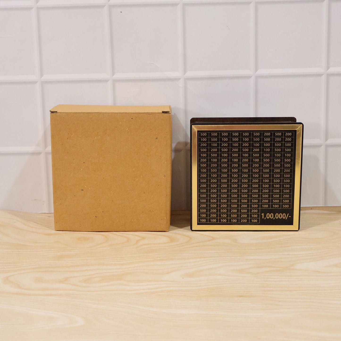 Wooden piggy bank money box placed on table, good for teaching savings to children