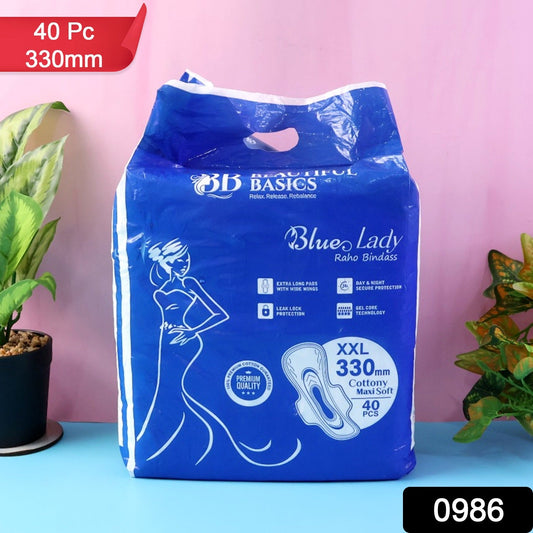 An open pack of sanitary pads showing multiple individually wrapped pads, emphasizing the 40-pack value.