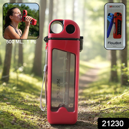 Portable gym water bottle in red with transparent body and measurement scale