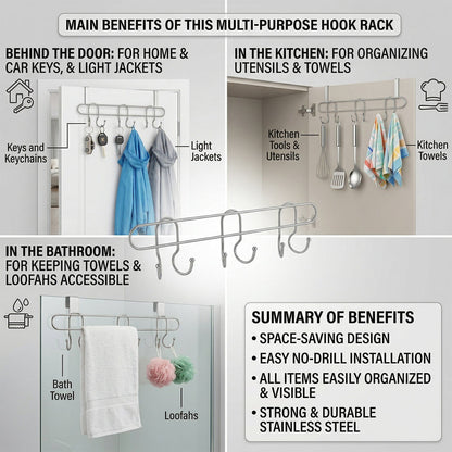 Wall-mounted hanging hook rack in silver finish